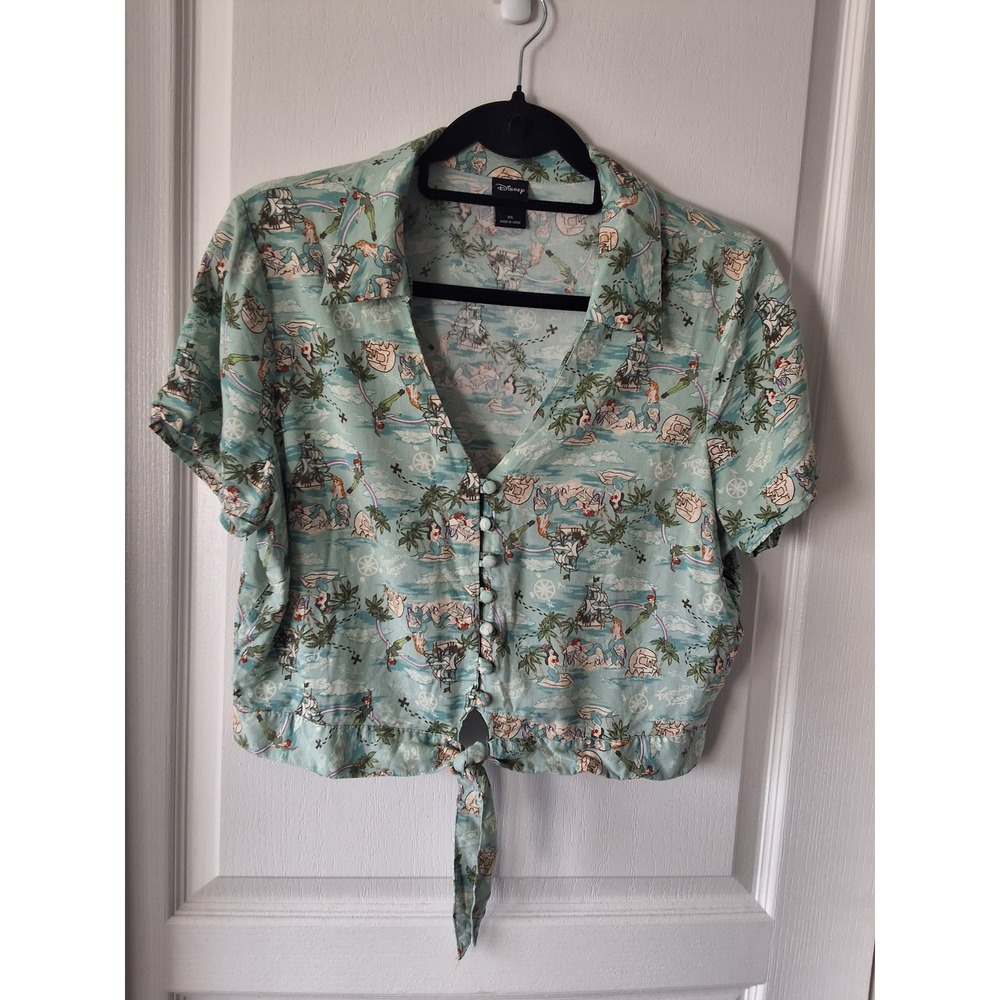 Disney Peter Pan Mermaid Lagoon Tie Front Crop Top XL Seafoam Green Rayon Blouse
